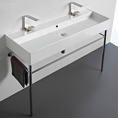 Large Double Ceramic Console Sink and Polished Chrome Stand, 48 Inch Scarabeo 8031/R-120B-CON
